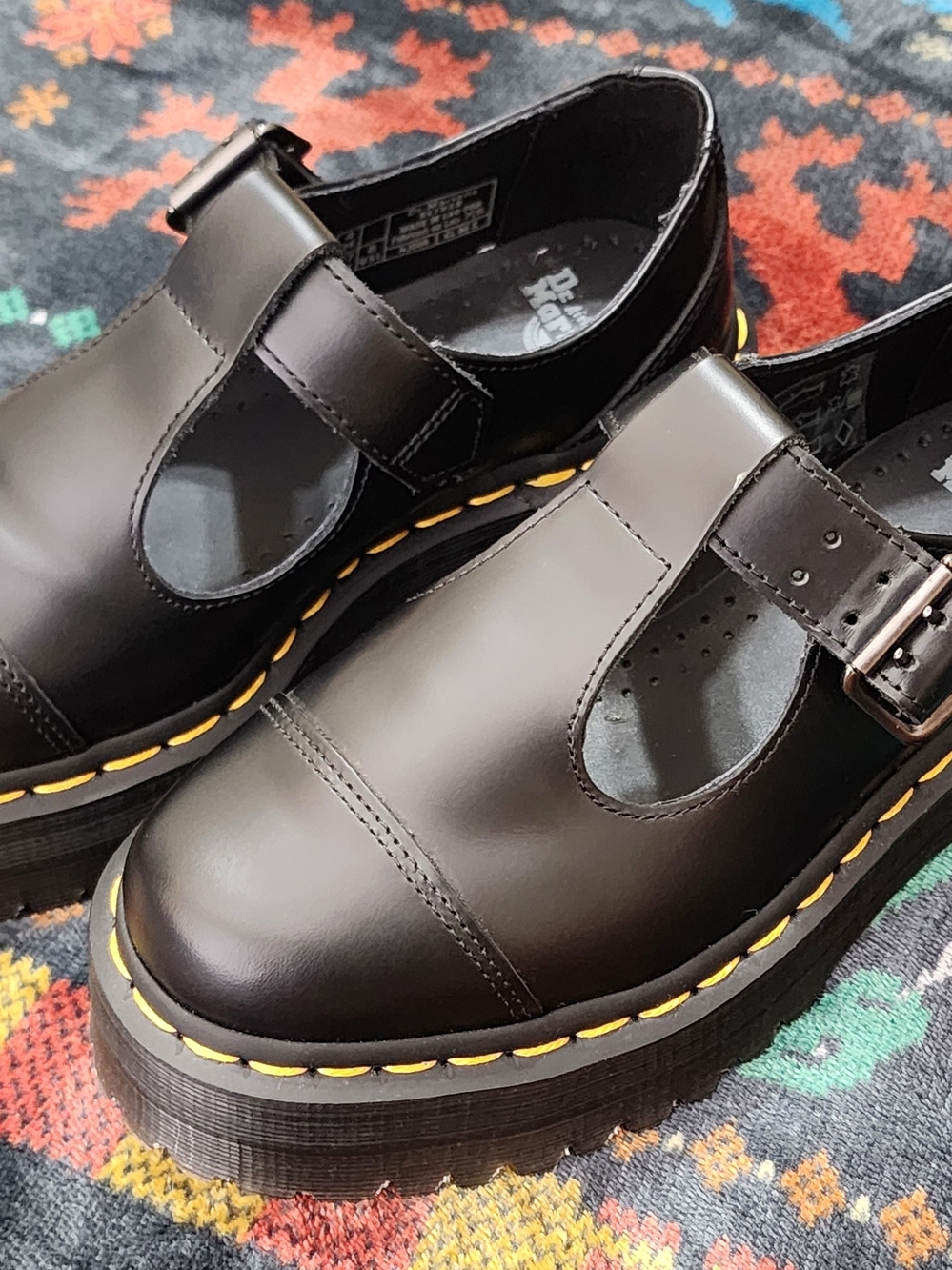 Dr. Martens Black Leather Mary Jane Loafers with Yellow Stitching